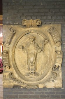 Interior. Ground Floor. Foyer. Detail of St Giles Plaque.