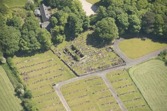 Oblique aerial view of Kilbride Chapel and churchyard, looking to the ESE.