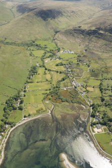 General oblique aerial view of Lochranza centred on Lochranza Golf Course, looking to the ESE.