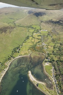 General oblique aerial view of Lochranza centred on Lochranza Golf Course with Lochranza castle in the foreground, looking to the ESE.