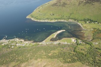 General oblique aerial view of Lochranza centred on Lochranza Castle, looking to the NNE.