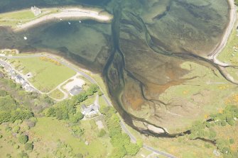 Oblique aerial view of Lochranza Fish Trap and Lochranza Castle, looking to the NE.