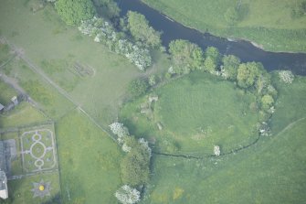 Oblique aerial view of Buittle Castle, looking to the NNE.