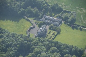 Oblique aerial view of Arbigland House and stable block, looking to the W.