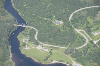 Oblique aerial view of Hope Bridge, Hope Lodge and the weirs, looking to the NE.