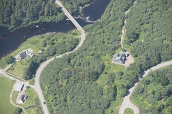 Oblique aerial view of Hope Bridge, Hope Lodge and the weir, looking to the NW.