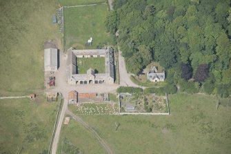Oblique aerial view of Tongue Mains Farmstead, looking to the NNE.