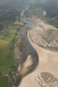General oblique aerial view of the River Naver with Bettyhill Pier in the foreground and Invernaver Bridge in the distance, looking to the S.