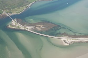 Oblique aerial view of Kyle of Tongue Bridge and the causeway, looking to the NNW.