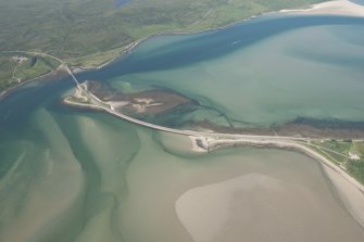 Oblique aerial view of Kyle of Tongue Bridge and the causeway, looking to the NW.