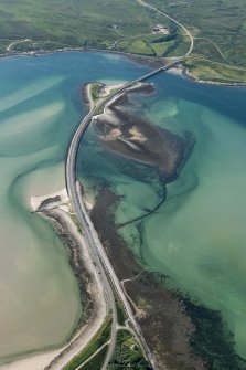 Oblique aerial view of Kyle of Tongue Bridge and the causeway, looking to the W.