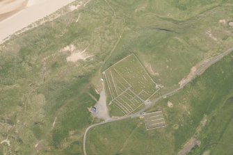Oblique aerial view of Strathy Graveyard, looking to the NE.