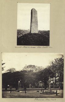 View of garden and sundial and carved stone inscribed 'In Memoria the Brothers and Sisters meet again at home advent 1862. Deo Gratias'.
Titled 'Memorial stone in avenue, Ellon Castle' and 'Pleasaunce, Ellon Castle'.
PHOTOGRAPH ALBUM NO 4: INNES OF COWIE ALBUM
