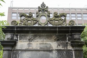 Detail of carvings on E elevation of 17th-century Garden Gateway, Moray House, 172 Canongate, Edinburgh.