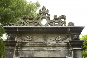 Detail of carvings on W elevation of 17th-century Garden Gateway, Moray House, 172 Canongate, Edinburgh.