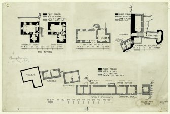 Floor plans of the tower, and plans of 16th century hall, gatehouse buildings, smithy and stables.