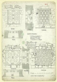 Plan of exterior and interior, elevation and section details of East and South windows of tower, belfry stage, of Iona, St Mary's Abbey.
Titled. 'Iona abbey, Details of Belfry Windows.. No. 25.'
Signed and Dated. 'JW 1875.'







































































































































































Iona, St Mary's Abbey.
Photographic copy of plan of long section through transepts to chapter house looking East & West.



Photographic copy of plan of church and conventual buildings.