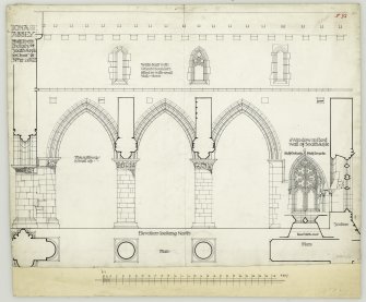 Plan of elevation, section of South aisle of choir and details of window of St Mary's Abbey, Iona.
Titled. 'Iona Abbey. Half inch Details of South Aisle in choir. No.11.'
Signed. '21.8.00 A. Muir.'






































































































































































Iona, St Mary's Abbey.
Photographic copy of plan of long section through transepts to chapter house looking East & West.



Photographic copy of plan of church and conventual buildings.