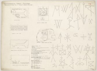 Series of drawings of tombs fragments including 'Lady Row's Tomb' and full scale drawings of masons' marks at Crossraguel Abbey.
Titled. 'Crossraguel Abbey. Ayrshire. Fragments of Tombs etc & Masons' Marks. Full Size.'
Signed and Dated. 'John B. Lawson. 1907.'