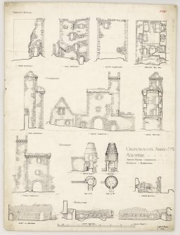 Full set of plans, sections and elevations of Crossraguel Abbey.
Titled. 'Crossraguel Abbey. No.3 Ayrshire. Abbot's Hoose. Gatehouse. Dovecot & Refectory.'
Signed and Dated. 'John B. Lawson. 1907.'