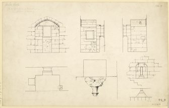 Plan, elevation and sections, drawing of windows in North wall with piscina, aumbry and oratory on second floor of Carrick Castle.