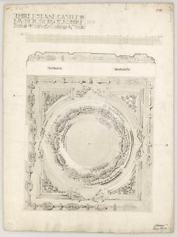 Drawing showing details of nursery room ceiling at Thirtlestane Castle.
Titled. 'Thirlestane Castle. Lauder. Berwickshire. Detail of Nursery Ceiling. 3/4 inch scale. No.3.'
Signed and Dated. 'A. Muir. May. Oct. 00.'