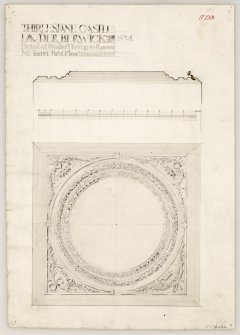 Plan and section of first floor turret room ceiling of Thirlestane Castle.
Titled. 'Thirlestane Castle. Lauder. Berwickshire. Detail of Plaster Ceiling in Room NE. Turret. First Floor.
Signed. 'A.Muir 5.00.'