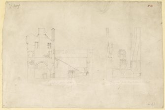 Longitudinal section and transverse section of Lochranza Castle. 
Titled. 'Longitudinal Section Looking East. & Longitudinal Section Thru Cellars Looking North.'