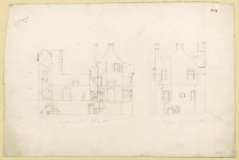 Longitudinal section and transverse section of Lochranza Castle.
Titled. 'Longitudinal Section Looking West. & Longitudinal Section Looking North.'