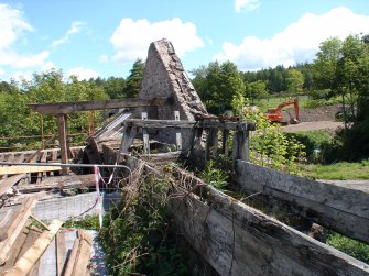 View of the launder and sluice mechanism, from a Standing Building Survey, Glamis Mill, Glamis, Angus.