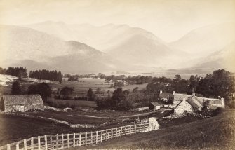 View of buildings with Ben Cruachan in the background.
Titled: 'Ben Cruachan From Dalmally 1883 J.V.'.
PHOTOGRAPH ALBUM No.33: COURTAULD ALBUM.