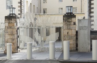 Detail of gates at Canongate entrance to Scottish Parliament from Queensberry House, 64 Canongate, Edinburgh.