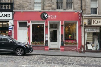 View of Circus Cafe shop front, 6-8 St Mary's Street, Edinburgh, from W.