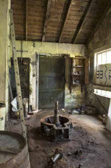 Interior. General view of power station/turbine house. The original Boving turbine was removed several years ago. These are the remains of that turbine.