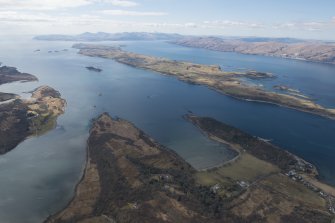 General oblique aerial view of Port Appin with Lismore, Loch Linnhe and Mull beyond, looking WSW.