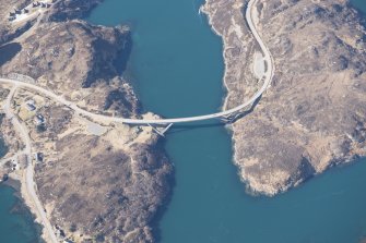 Oblique aerial view of Kylesku road bridge, looking SW.