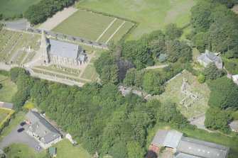 Oblique aerial view of Rathen West Parish Church and Churchyard and St Ethernan's Church, looking NW.