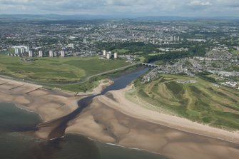 General oblique aerial view of the mouth of the River Don with the Bridge of Don, the village of Bridge of Don, Royal Aberdeen Golf Course and the City of Aberdeen in the background, looking SW.