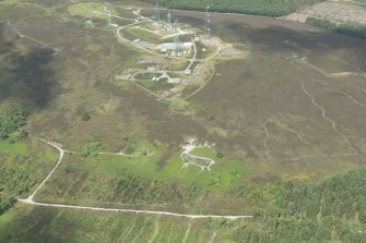 Oblique aerial view of Mormond Hill Stag and Tropospheric Scatter Relay Station, looking NW.