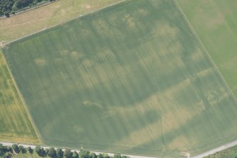Oblique aerial view of the cropmarks of the enclosures and souterrains, looking S.