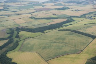General oblique aerial view of the cropmarks of the fort at The Chesters, Spott, looking NNE.