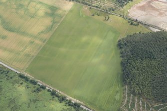Oblique aerial view of the cropmarks of the structures, enclosures and rig, looking SE.