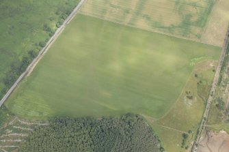 Oblique aerial view of the cropmarks of the structures, enclosures and rig, looking NNE.