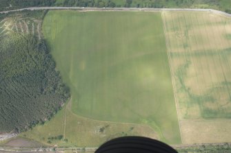 Oblique aerial view of the cropmarks of the structures, enclosures and rig, looking NNW.
