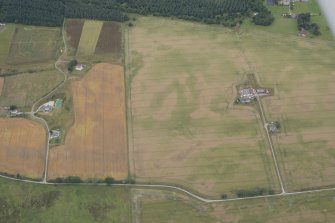Oblique aerial view of the cropmarks of the quarry, rig and possible souterrain, looking SE.