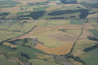 Oblique aerial view of the cropmarks of the cursus, barrows, enclosure and ring ditches, looking S.