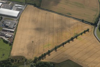 Oblique aerial view of the cropmarks of the Roman Temporary Camps, looking SE.