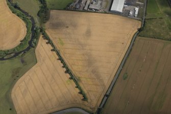 Oblique aerial view of the cropmarks of the Roman Temporary Camps, looking NNE.