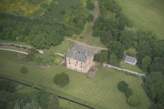 Oblique aerial view of Druminnor Castle and garden, looking to the WNW.