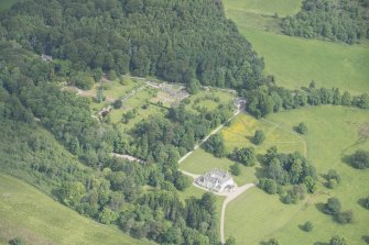 Oblique aerial view of Leith Hall and policies, looking to the NW.